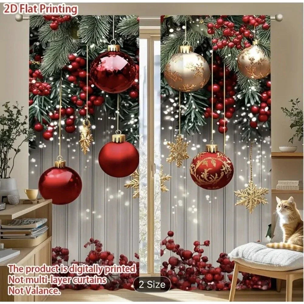 Christmas Ball Holiday Printed Curtains 2 Pieces Xmas Print Curtains Room Decor